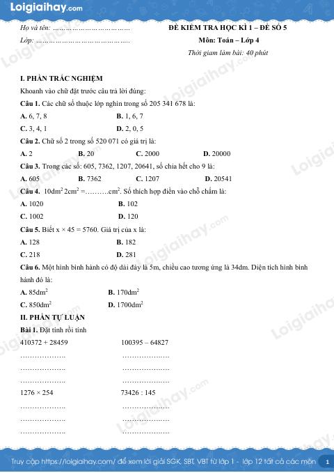 Đề số 5 - Đề kiểm tra học kì 1 - Toán lớp 4